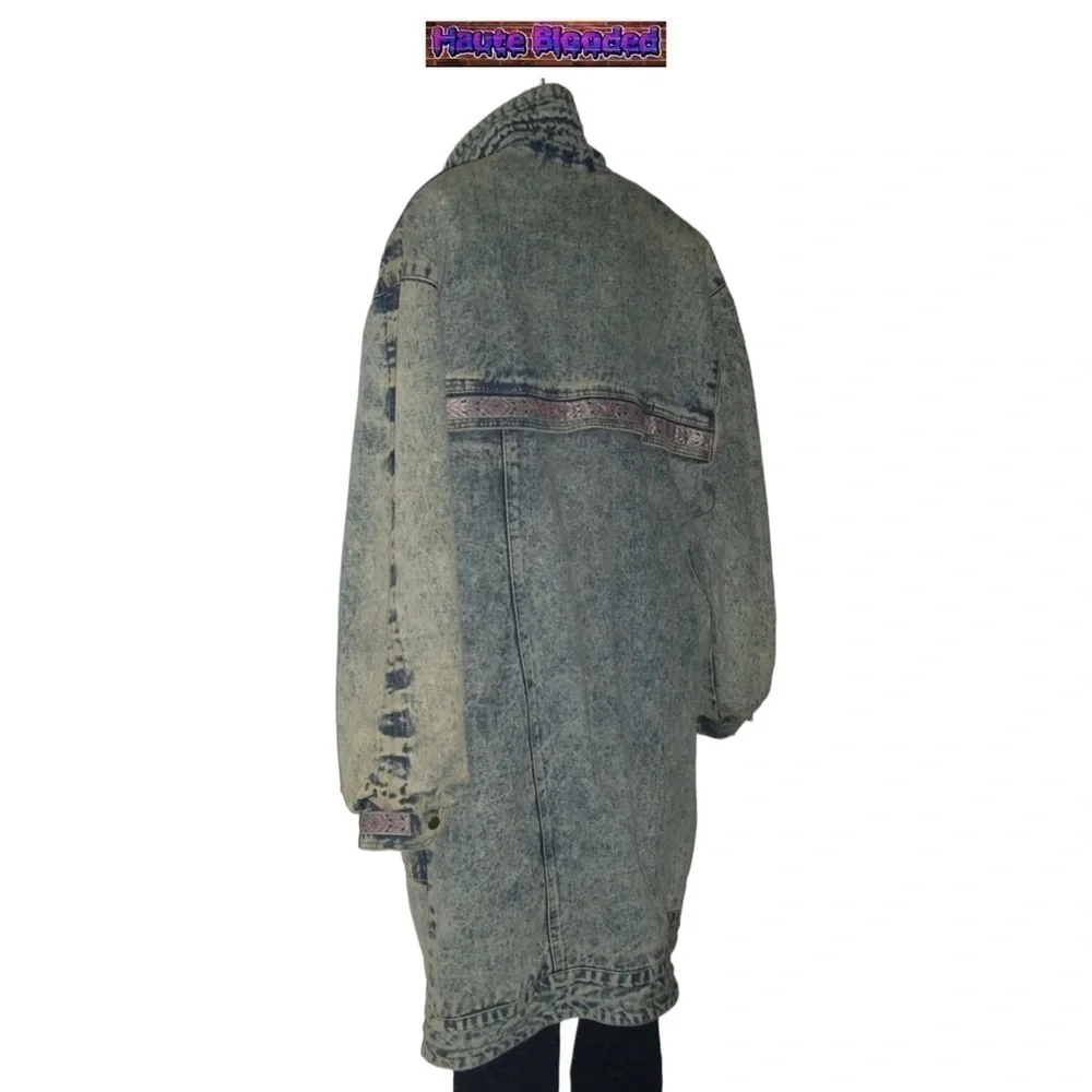 Vintage 80's Acid Wash Denim Long Warm Trench Coat Aztec e-girl alt Grunge Punk